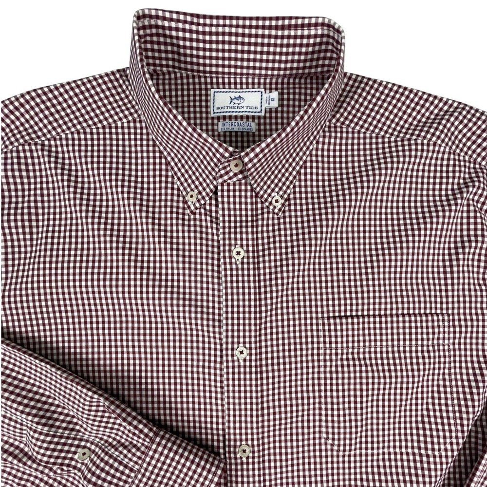 Southern Tide Shirt Mens XXL Maroon Gingham Intercoastal Button Down Long Sleeve